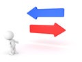 3D Character looking a red and blue arrows pointing in opposite