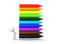 3D Character looking up at rainbow colored crayons Royalty Free Stock Photo