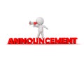 3D Character with loudspeaker standing on text saying announcement
