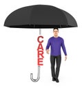 3d character , man , care text under an unfold umbrella Royalty Free Stock Photo