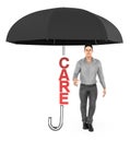 3d character , man , care text under an unfold umbrella Royalty Free Stock Photo