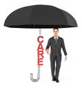 3d character , man , care text under an unfold umbrella Royalty Free Stock Photo