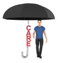 3d character , man , care text under an unfold umbrella Royalty Free Stock Photo