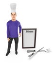 3d character , man chef , menu , fork spoon and knife Royalty Free Stock Photo