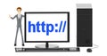 3d character , man and computer with http:// text displayed on monitor screen Royalty Free Stock Photo