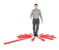 3d character , man confused , doubtfull while standing in centre of arrows pointing towards differemt direction Royalty Free Stock Photo