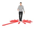 3d character , man confused , doubtfull while standing in centre of arrows pointing towards differemt direction Royalty Free Stock Photo