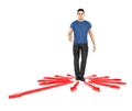 3d character , man confused , doubtfull while standing in centre of arrows pointing towards differemt direction Royalty Free Stock Photo