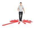 3d character , man confused , doubtfull while standing in centre of arrows pointing towards differemt direction Royalty Free Stock Photo