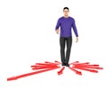 3d character , man confused , doubtfull while standing in centre of arrows pointing towards differemt direction Royalty Free Stock Photo