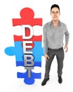 3d character , man debt text written in jigsaw