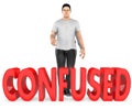 3d character , man , doubt , confussed - confused text Royalty Free Stock Photo