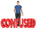 3d character , man , doubt , confussed - confused text Royalty Free Stock Photo