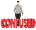 3d character , man , doubt , confussed - confused text Royalty Free Stock Photo
