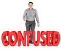 3d character , man , doubt , confussed - confused text Royalty Free Stock Photo