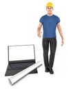 3d character , man , hard helmet , laptop and draft paper- 3d rendering