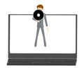 3d character , man holding a megaphon inside a laptop screen