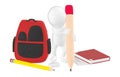 3d character , man holding a pencil and writing ,school bag , books , pencil , rubber , notepad on the floor Royalty Free Stock Photo