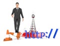 3d character , man http , traffic cone and a wireless tower Royalty Free Stock Photo