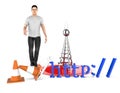 3d character , man http , traffic cone and a wireless tower Royalty Free Stock Photo