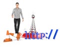 3d character , man http , traffic cone and a wireless tower Royalty Free Stock Photo