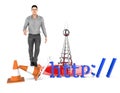 3d character , man http , traffic cone and a wireless tower Royalty Free Stock Photo