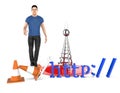 3d character , man http , traffic cone and a wireless tower Royalty Free Stock Photo