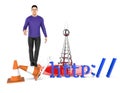 3d character , man http , traffic cone and a wireless tower Royalty Free Stock Photo