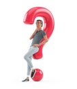 3d character man leaning under question mark Royalty Free Stock Photo