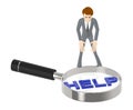 3d character , man , magnifier and help text Royalty Free Stock Photo