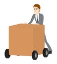 3d character , man moving cardboard boxes using trolley