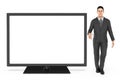 3d character , man presenting a tv / monitor / empty copyspace area