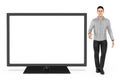 3d character , man presenting a tv / monitor / empty copyspace area