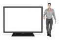 3d character , man presenting a tv / monitor / empty copyspace area