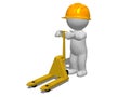 3d character man pushing empty pallet truck with yellow safety helmet