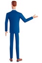 3d character man rearview. Businessman brunette man in glasses wearing a blue suit, showing empty copy space on open