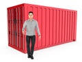 3d character , man , standing near a container