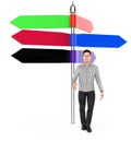 3d character , man standing near to a empty different direction pointed arrows sign board