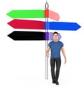 3d character , man standing near to a empty different direction pointed arrows sign board