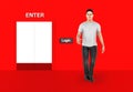 3d character ,man standing near to a login button in a closed doorway