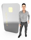 3d character , man standing to a chip enabled electronic card