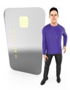 3d character , man standing to a chip enabled electronic card