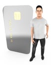 3d character , man standing to a chip enabled electronic card