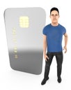 3d character , man standing to a chip enabled electronic card