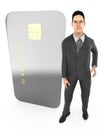 3d character , man standing to a chip enabled electronic card