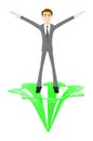 3d character , man waving both hands on two direction over a rising arrow