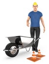 3d character , man , wheel barrow and traffic cone,s Royalty Free Stock Photo