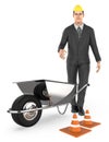 3d character , man , wheel barrow and traffic cone,s Royalty Free Stock Photo