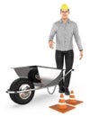 3d character , man , wheel barrow and traffic cone,s Royalty Free Stock Photo