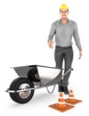 3d character , man , wheel barrow and traffic cone,s Royalty Free Stock Photo